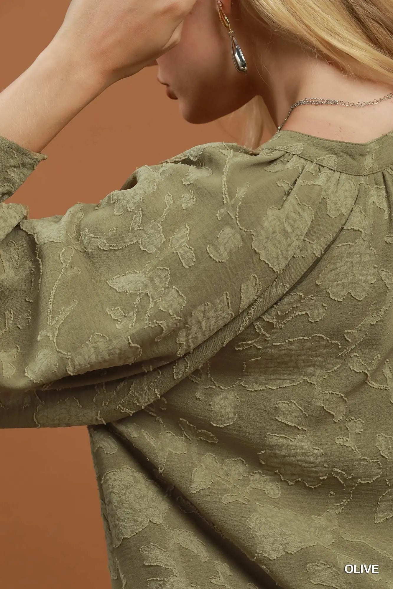Nadia Jacquard Floral Bubble-Hem V-Neck Blouse: Olive