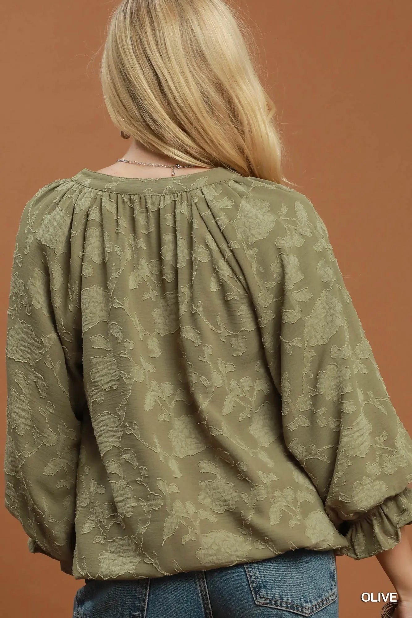 Nadia Jacquard Floral Bubble-Hem V-Neck Blouse: Olive