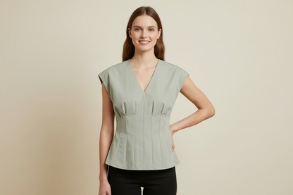 Sagefire V-neck Pleated Sleeveless Top: Moss Green