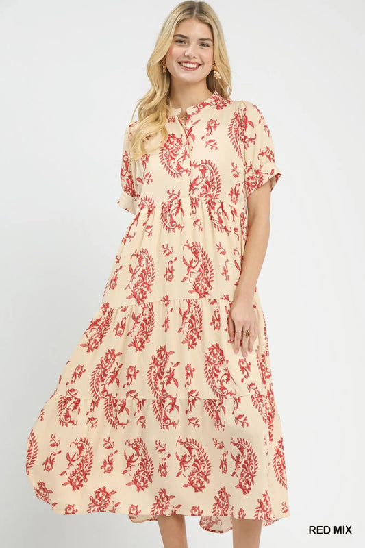 Augusta Paisley Print Tiered Midi Dress: Red