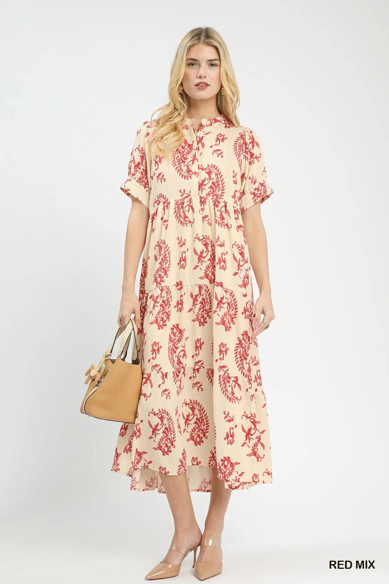 Augusta Paisley Print Tiered Midi Dress: Red