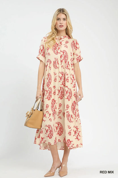 Augusta Paisley Print Tiered Midi Dress: Red