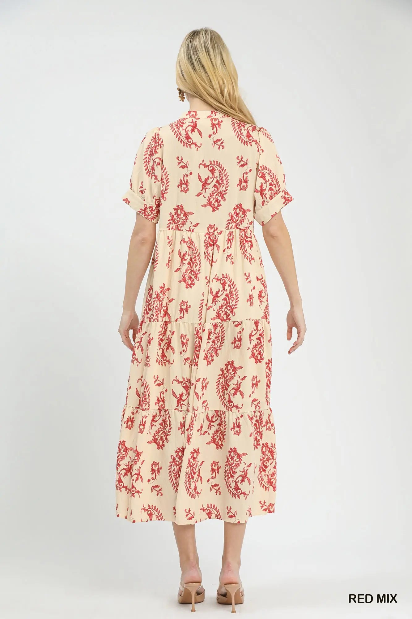 Augusta Paisley Print Tiered Midi Dress: Red