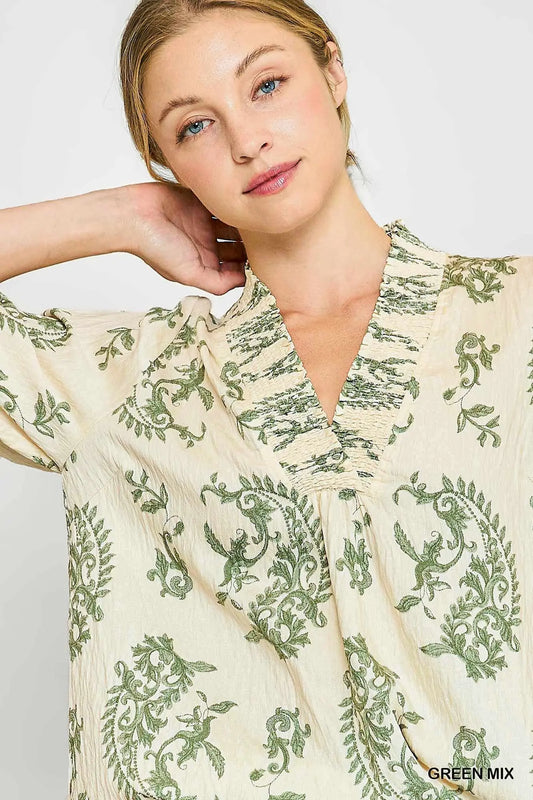 Willow Vine Ruffle Trim Blouse: Green