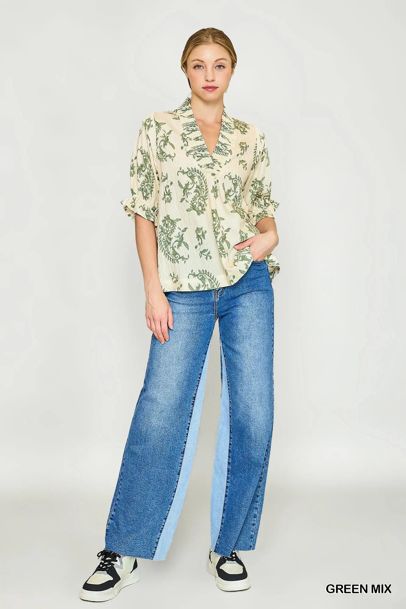 Willow Vine Ruffle Trim Blouse: Green