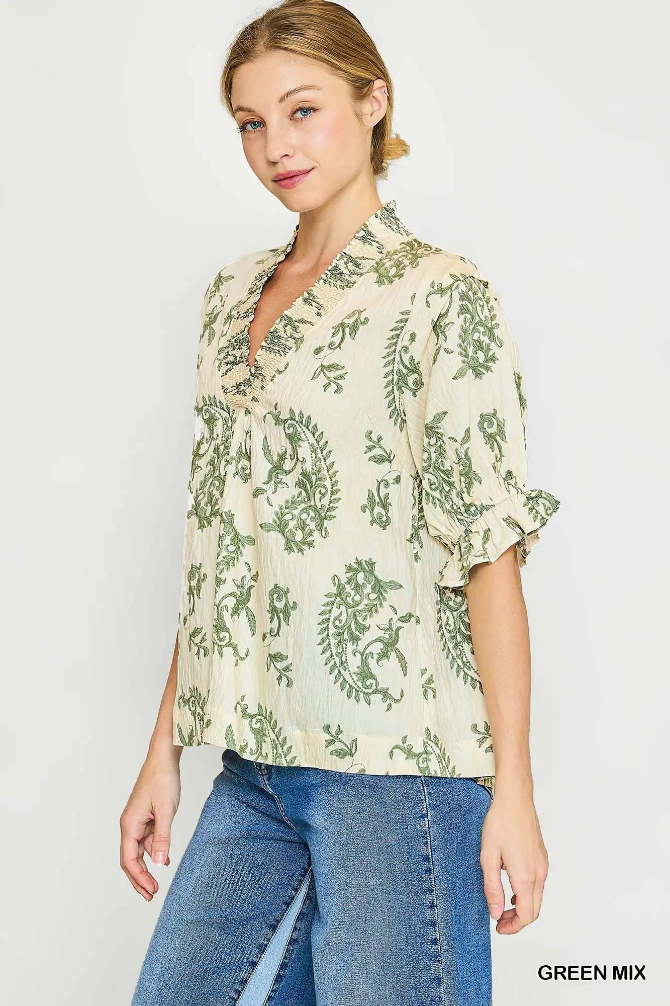 Willow Vine Ruffle Trim Blouse: Green