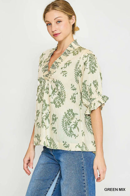 Willow Vine Ruffle Trim Blouse: Green
