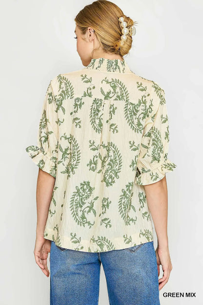 Willow Vine Ruffle Trim Blouse: Green