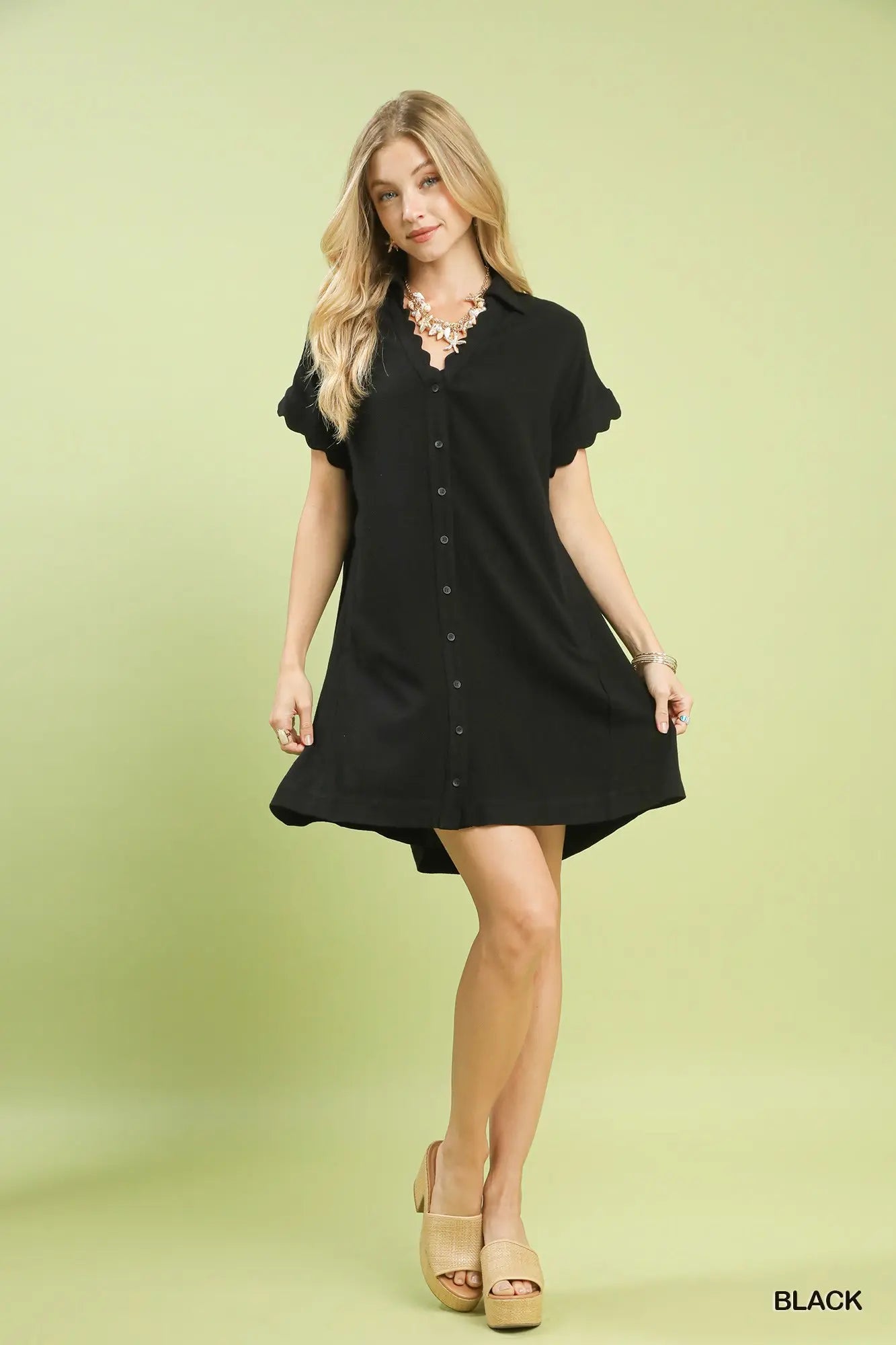 Little Black Dress Linen Blend Scalloped Mini Dress