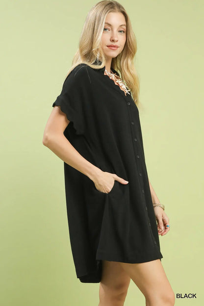 Little Black Dress Linen Blend Scalloped Mini Dress