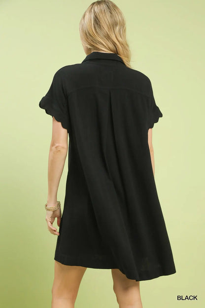 Little Black Dress Linen Blend Scalloped Mini Dress