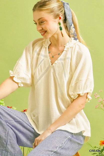Charlotte Cotton Gauze Ruffle Top: Cream