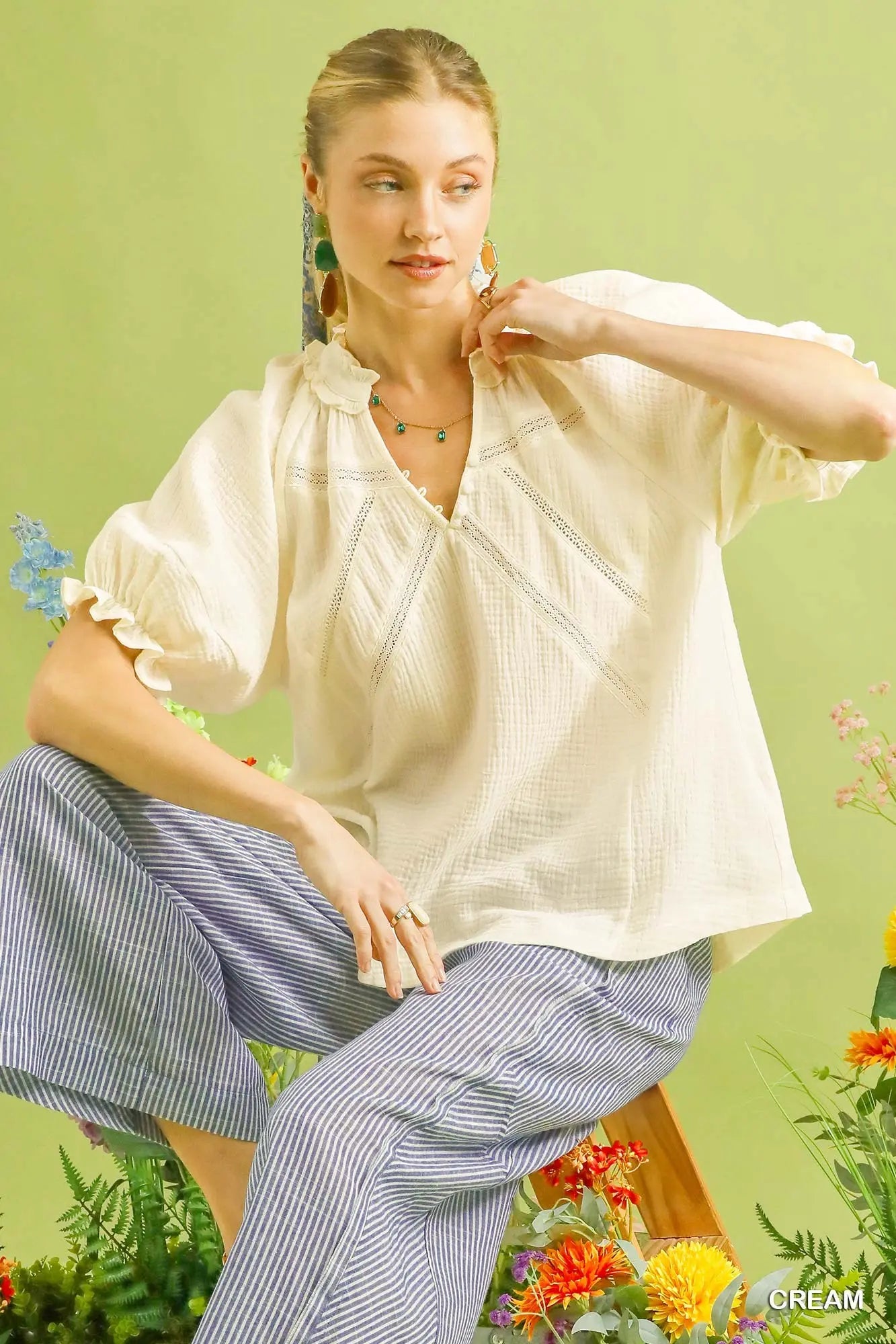 Charlotte Cotton Gauze Ruffle Top: Cream