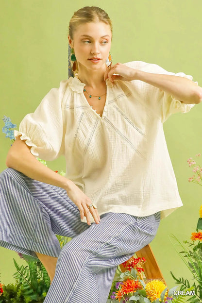 Charlotte Cotton Gauze Ruffle Top: Cream