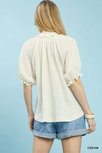 Charlotte Cotton Gauze Ruffle Top: Cream