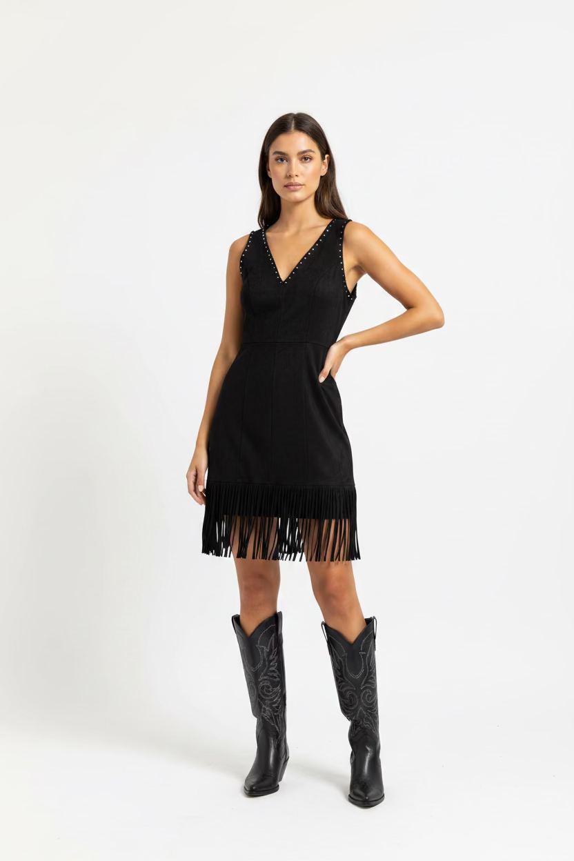 Black Buckstitch Stretch Suede Dress