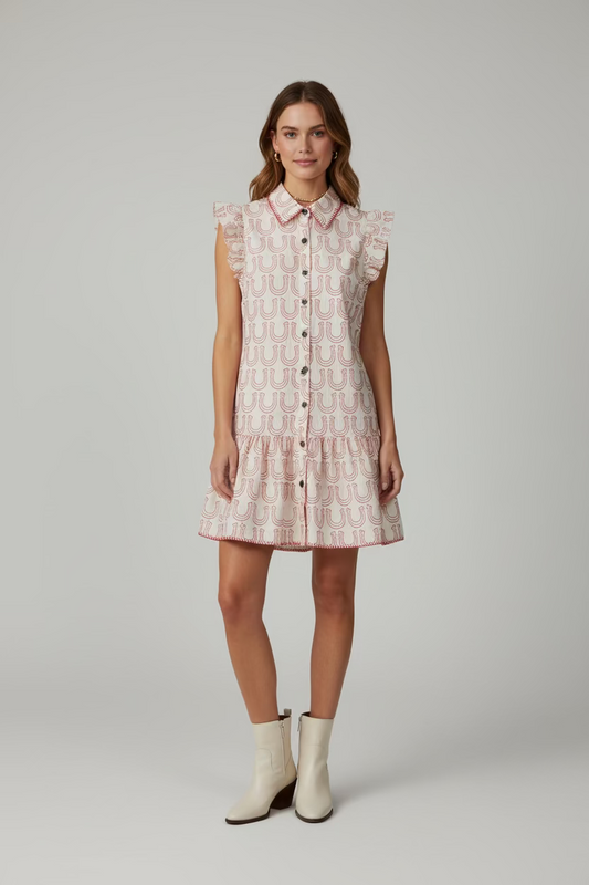 Jackpot Horseshoe Embroidered Dress: Red