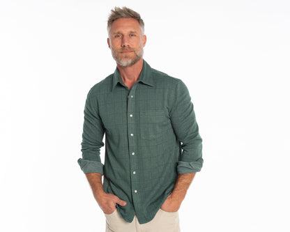 Chill-Knit Plaid Pearl Snap Shirt: Green Jacquard