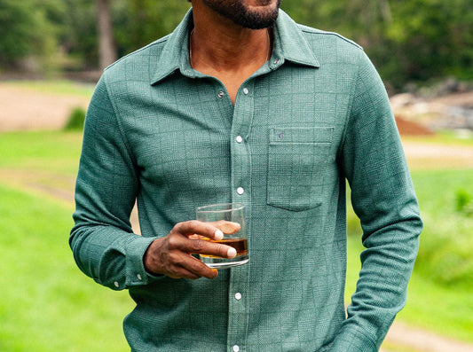 Chill-Knit Plaid Pearl Snap Shirt: Green Jacquard