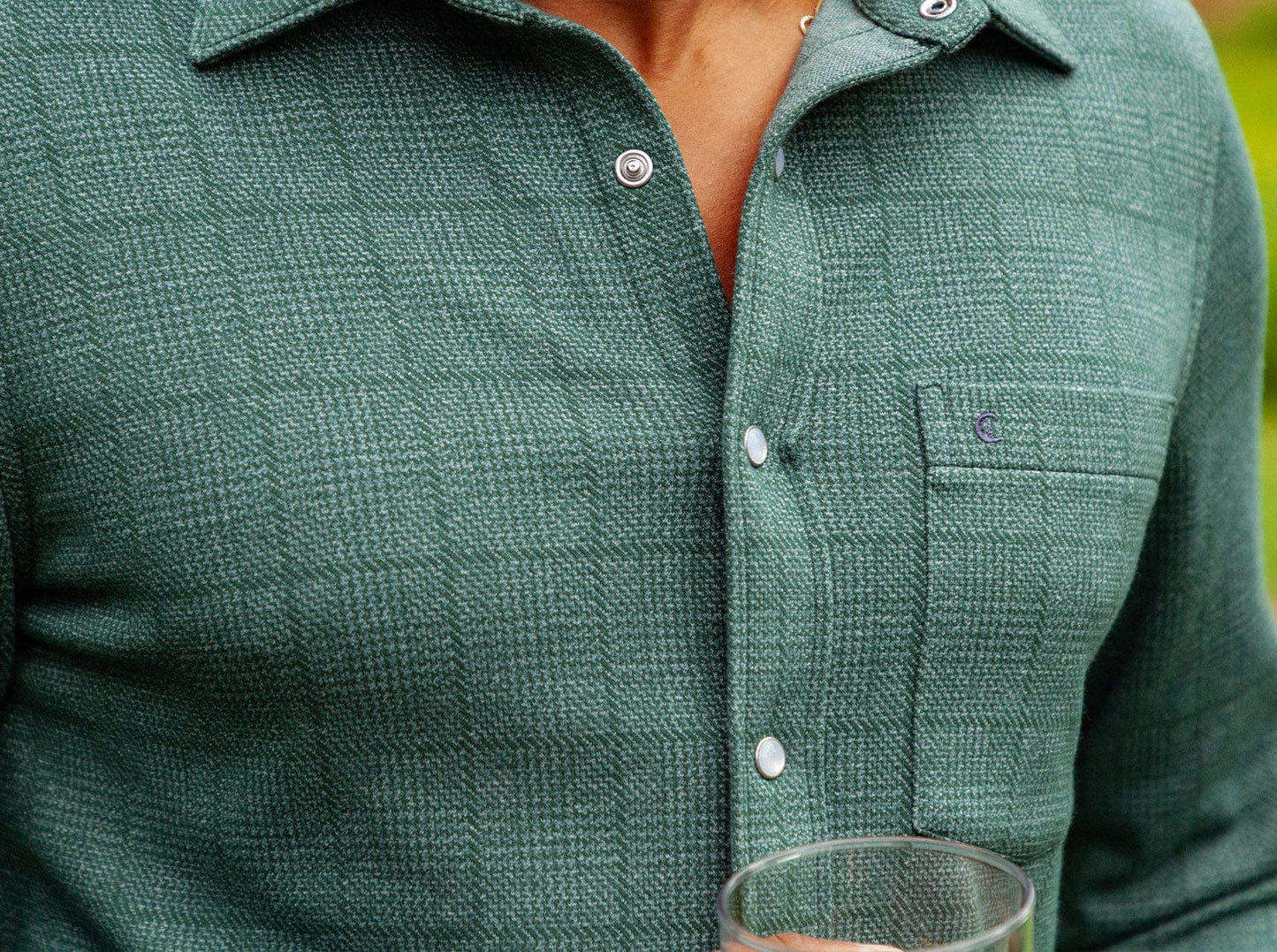 Chill-Knit Plaid Pearl Snap Shirt: Green Jacquard