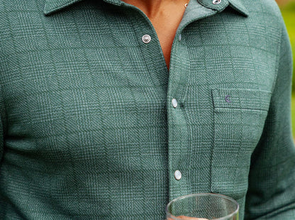 Chill-Knit Plaid Pearl Snap Shirt: Green Jacquard