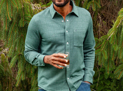 Chill-Knit Plaid Pearl Snap Shirt: Green Jacquard