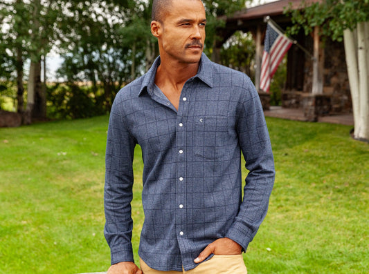 Chill-Knit Plaid Pearl Snap Shirt: Navy Jacquard