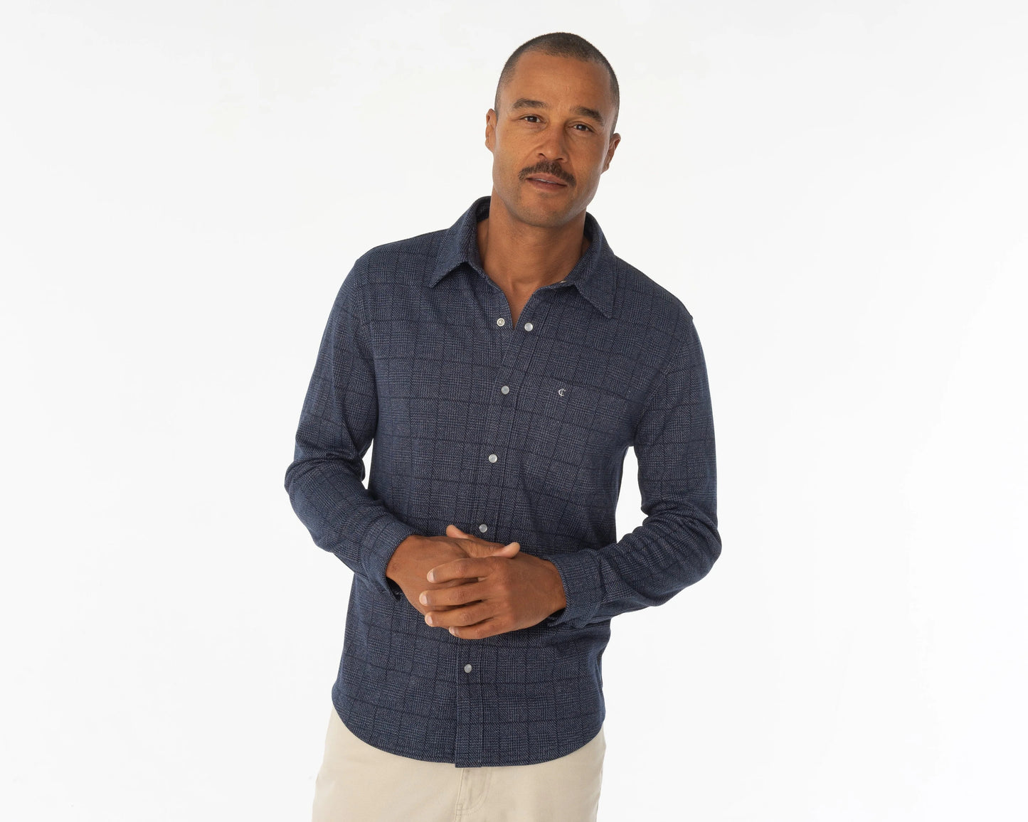 Chill-Knit Plaid Pearl Snap Shirt: Navy Jacquard