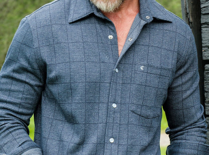 Chill-Knit Plaid Pearl Snap Shirt: Navy Jacquard