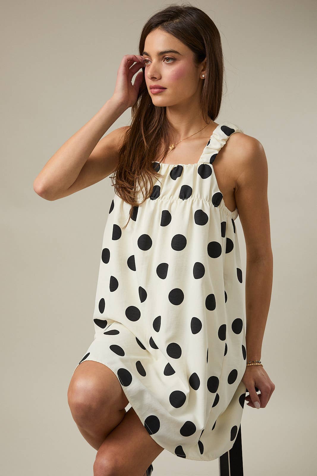 The Madison Mini Sleeveless Bold Polka Dot Dress: Cream Black