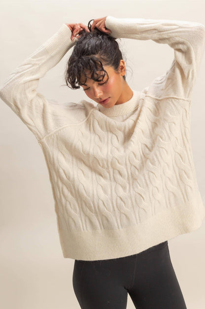 Frosted Crew Neck Cable Knit Sweater Pullover: WHIP CREAM