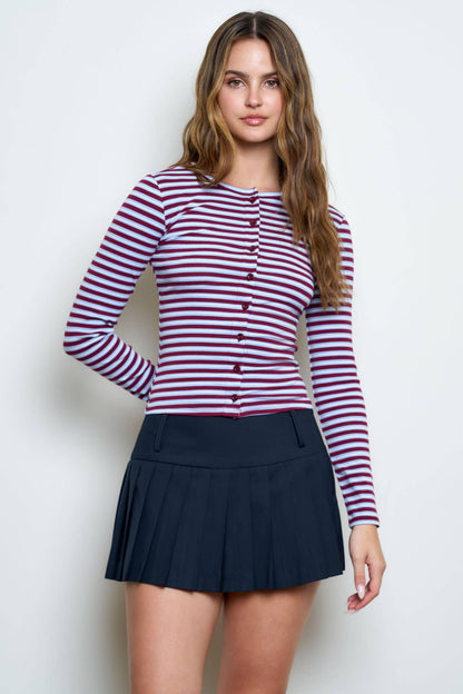 BUTTON DOWN CREW NECK STRIPED LONG SLEEVE KNIT TOP: BURGUNDY MULTI