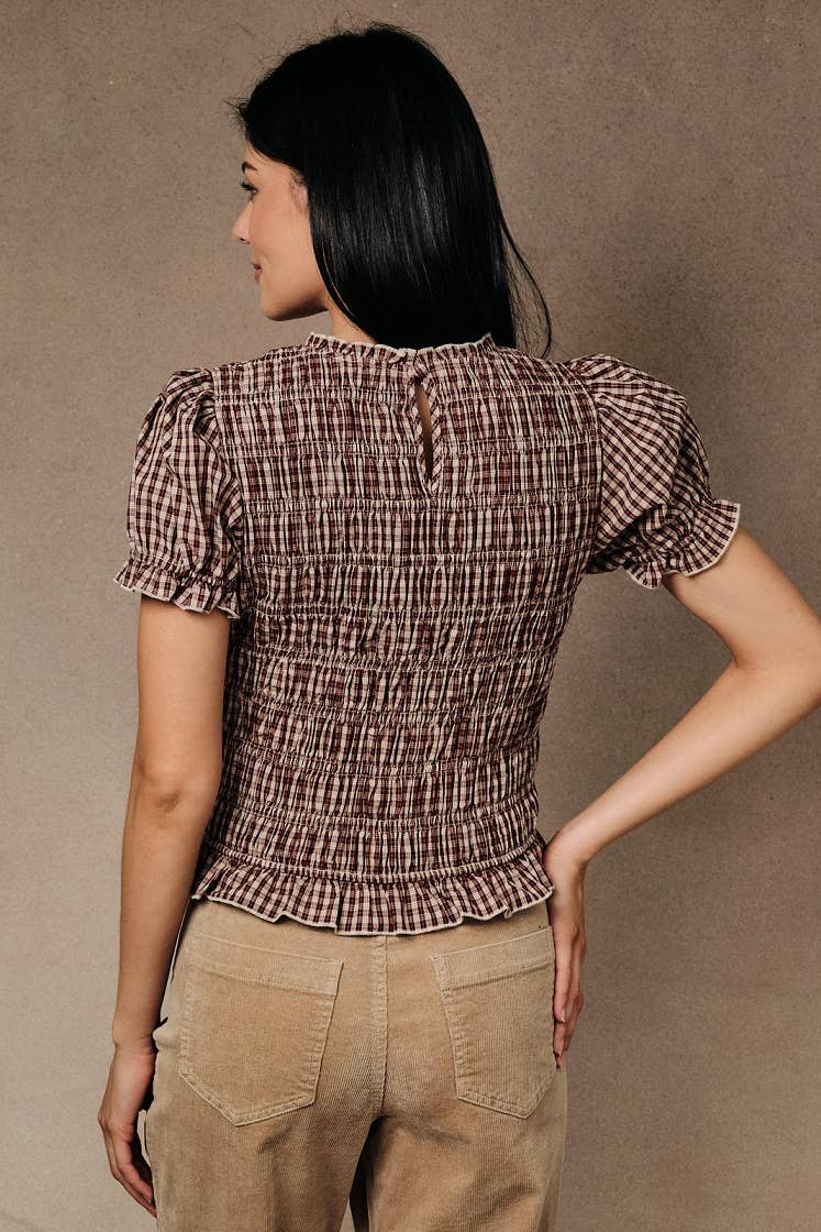 Marielle Smocked Top: Taupe Wine Plaid