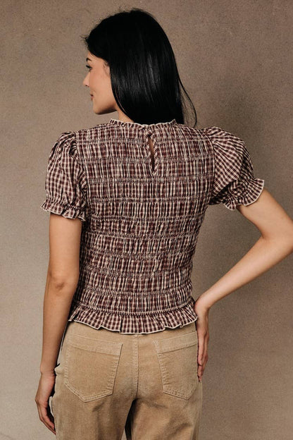 Marielle Smocked Top: Taupe Wine Plaid