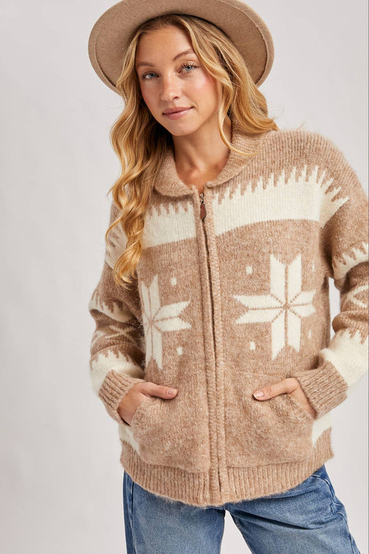 Fair Isle Fuzzy Knit Front Zipper Cardigan: Latte Combo