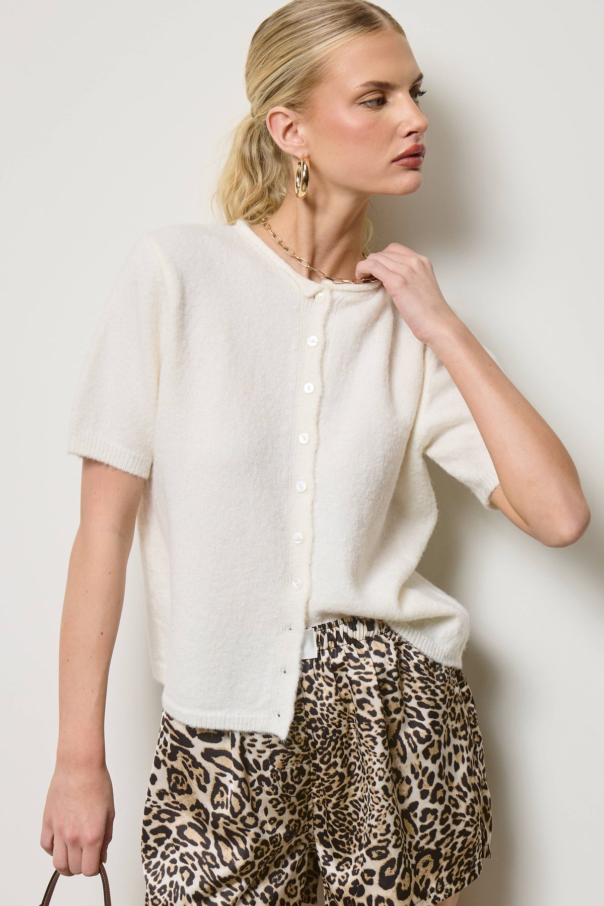 Short Sleeve Button Down Cardigan Top: Tangerine / M