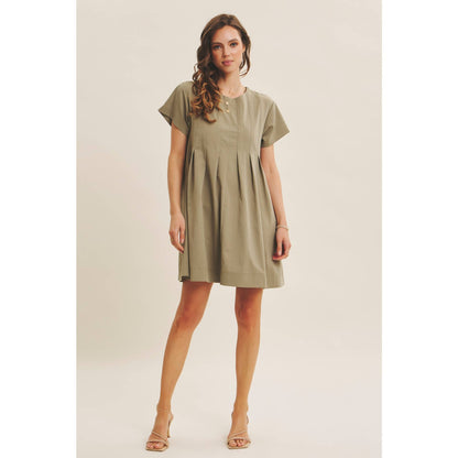Easygoing Pleated Detail Mini Dress with Pockets: Olive