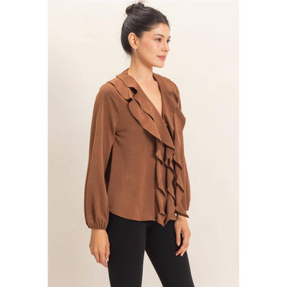 Ruffled V-Neck Button-Up Blouse: TEAL / S-M-L(2-2-2)