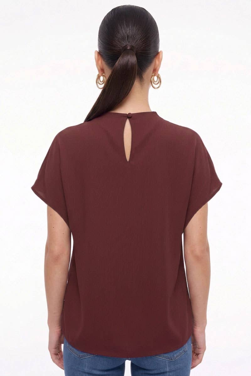 Annelise Draped Mock Neck Short Sleeve Satin Blouse: Dark Brown