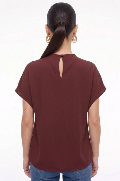 Annelise Draped Mock Neck Short Sleeve Satin Blouse: Dark Brown