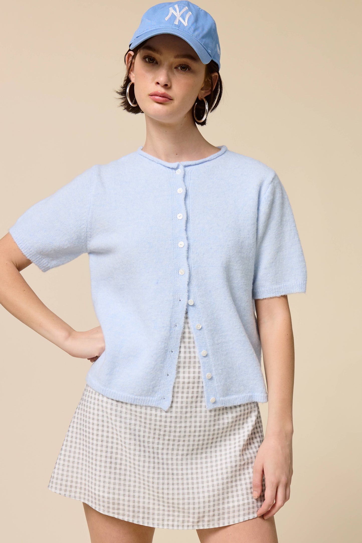 Short Sleeve Button Down Cardigan Top: Tangerine / L