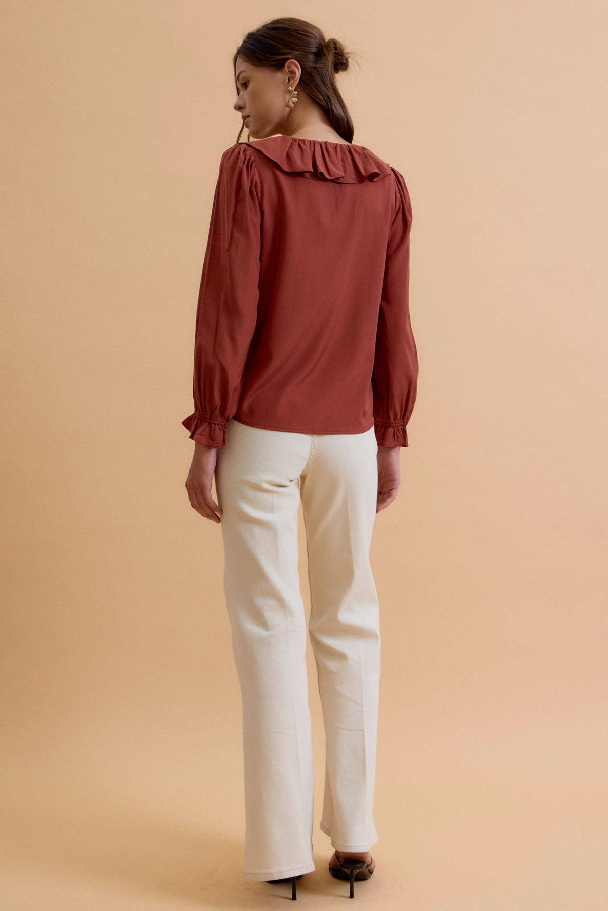 Chestnut Ruffled V-Neck Blouse Top