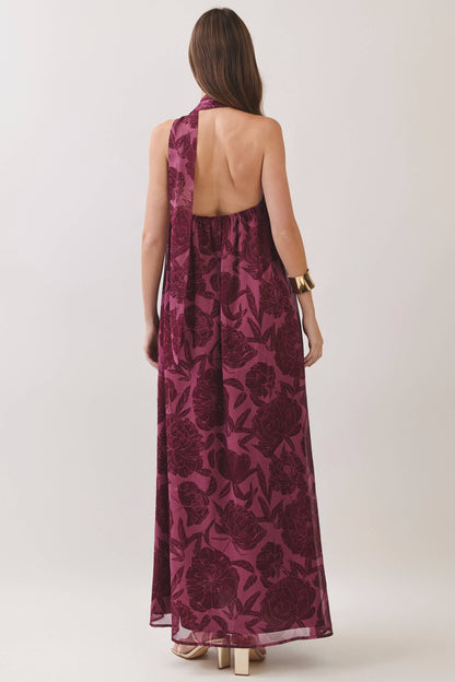 Serena Strapless Floral Scarf Maxi Dress: Burgundy