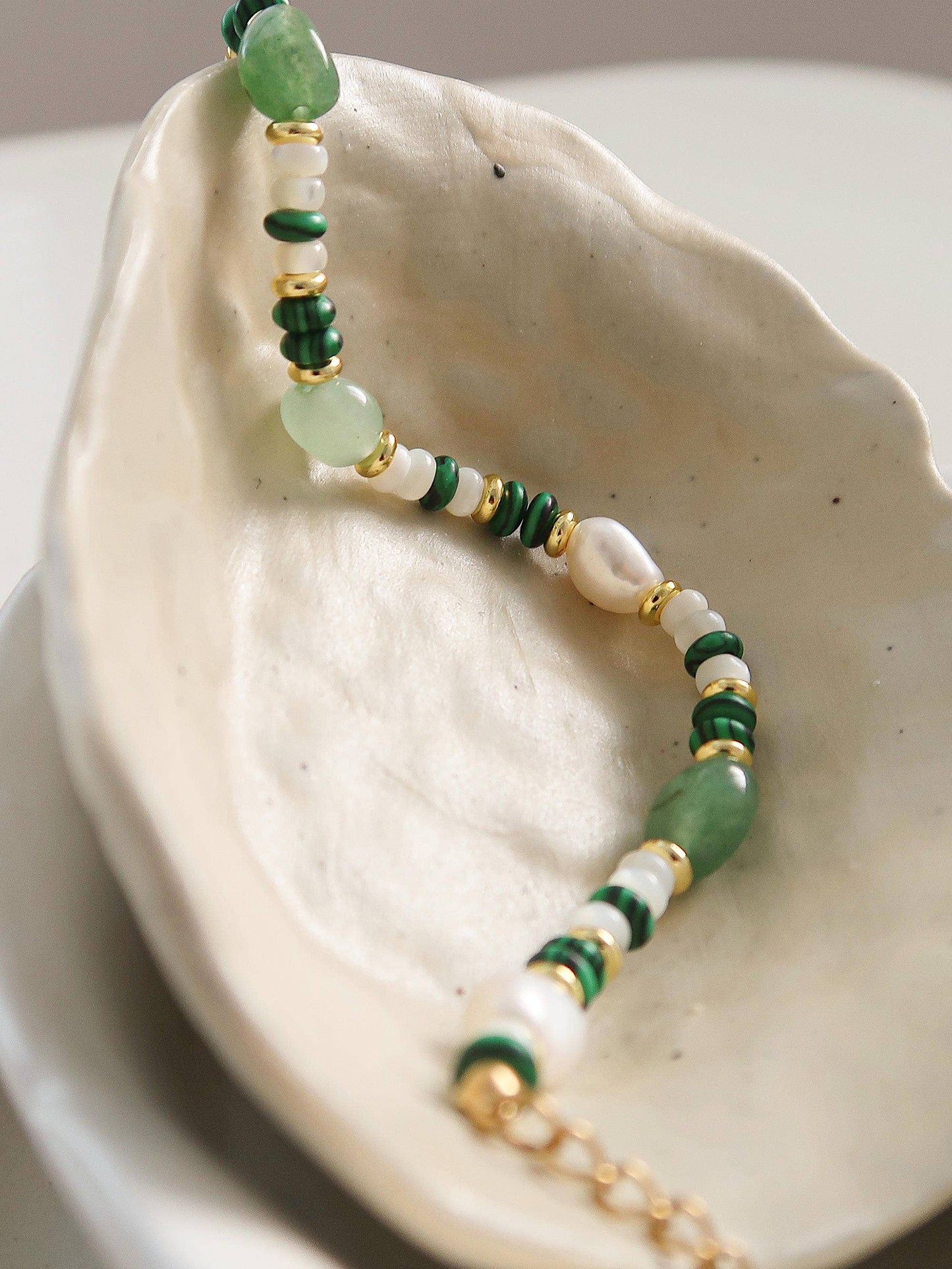 18K Bohemian Handmade Stone and Bead Bracelet: Faye-Green