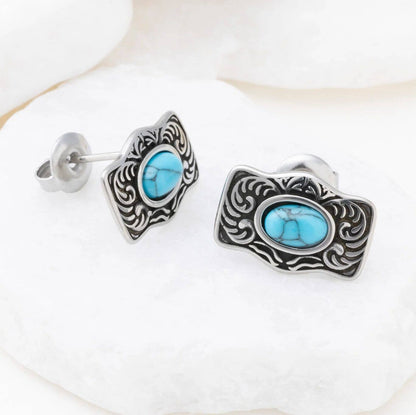 Solvane Turquoise Stone Buckle Non-Tarnish Stud Earrings: Stainless