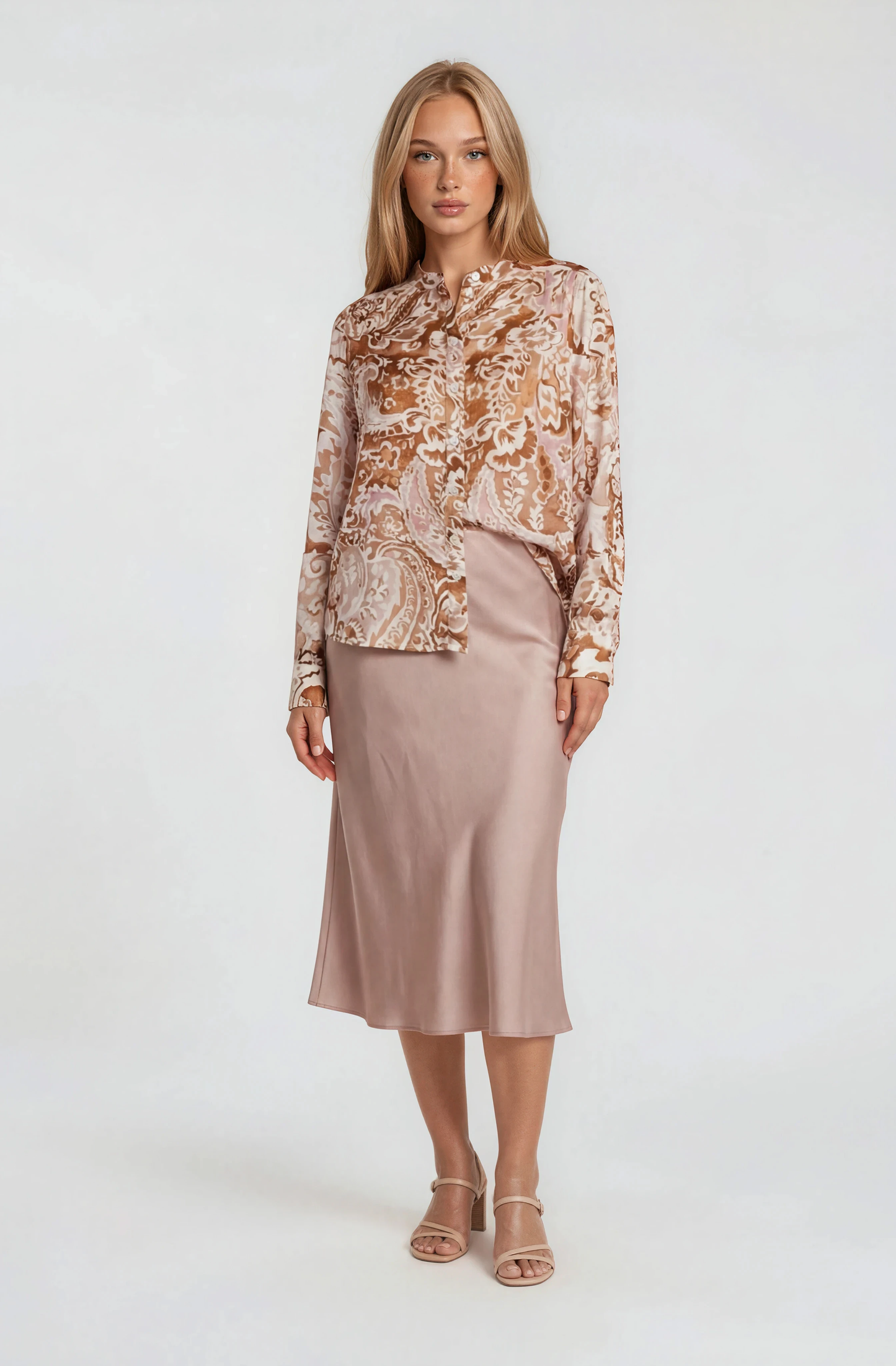 Rosalie Watercolor Printed Long Sleeve Top: Camel Pink