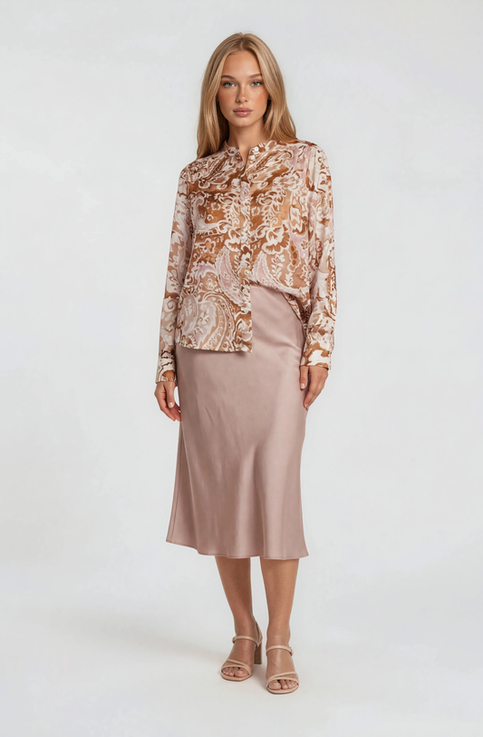 Rosalie Watercolor Printed Long Sleeve Top: Camel Pink