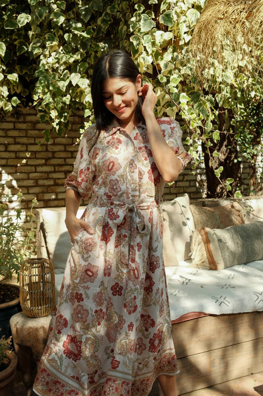 Rosalie Floral Print Button-Front Midi Dress: MAUVE MULTI