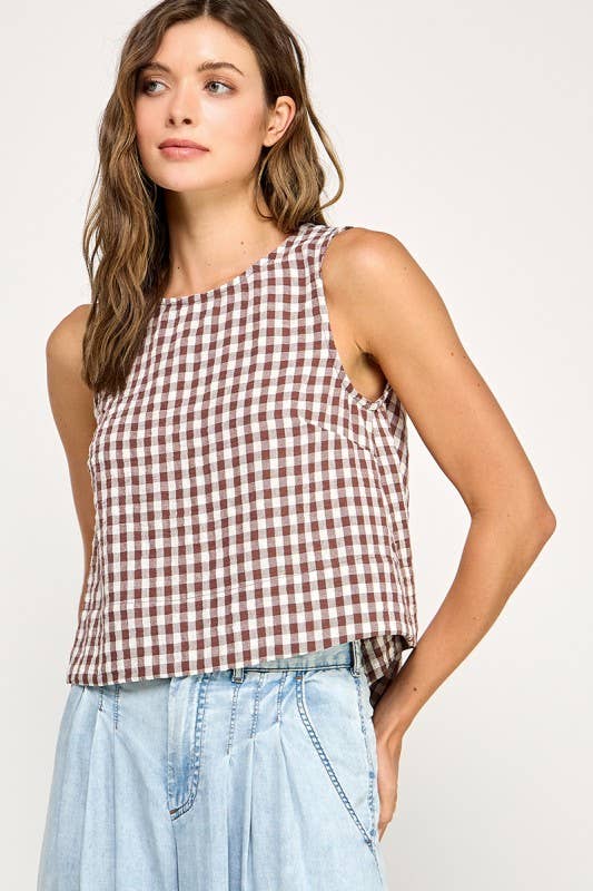 The Ginny Gingham Linen Tank: Mocha Brown