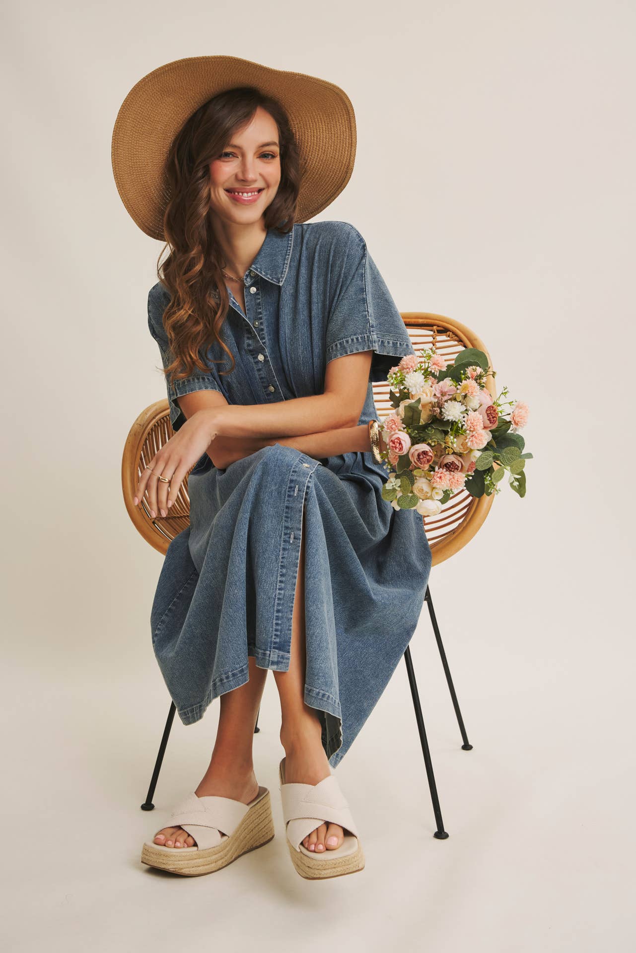 Caroline Stretchy Mineral-Washed Button-Down Pleated Denim Midi Dress: Light Wash